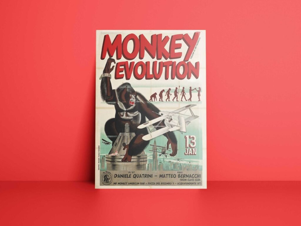 Locandina Monkey Evolution per Mr Monkey American Bar di Acquapendente: titolo gigante, illustrazione in stile manifesto d'epoca e una sola data