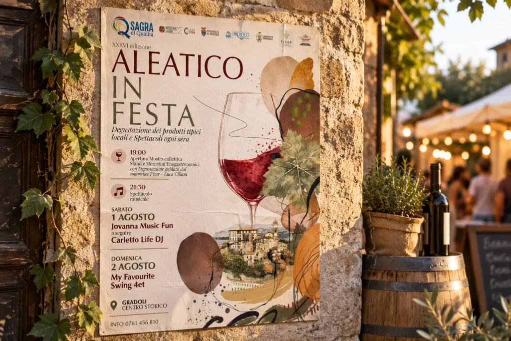 Locandina evento Aleatico in Festa Gradoli, illustrazione calice di vino e grappolo, sagra enogastronomica