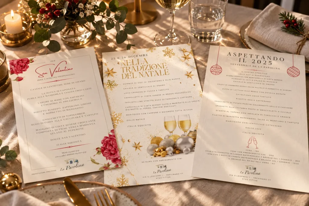Menu stampati San Valentino, Natale e Aspettando il 2025, tavolo apparecchiato con decorazioni dorate
