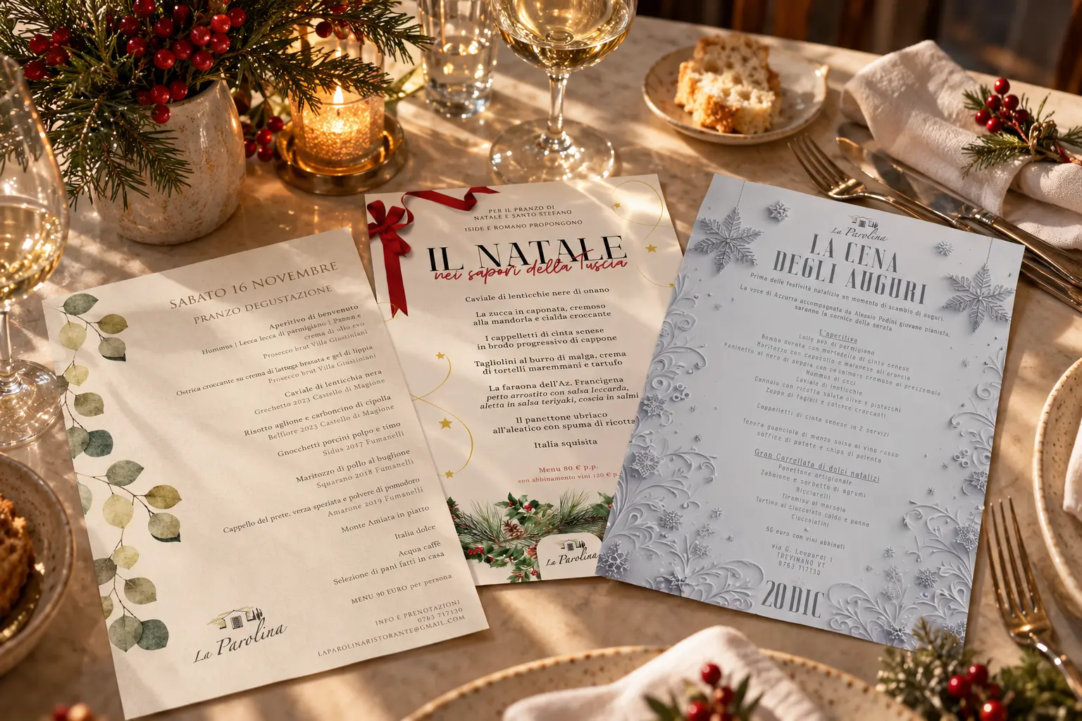 Menu stampati Il Natale e La cena degli auguri, tavolo apparecchiato natalizio, La Parolina