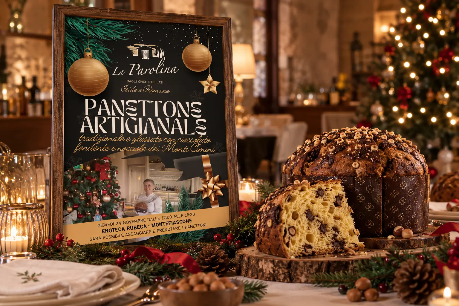 Locandina Panettoni Artigianali su cavalletto, sala decorata a Natale, La Parolina