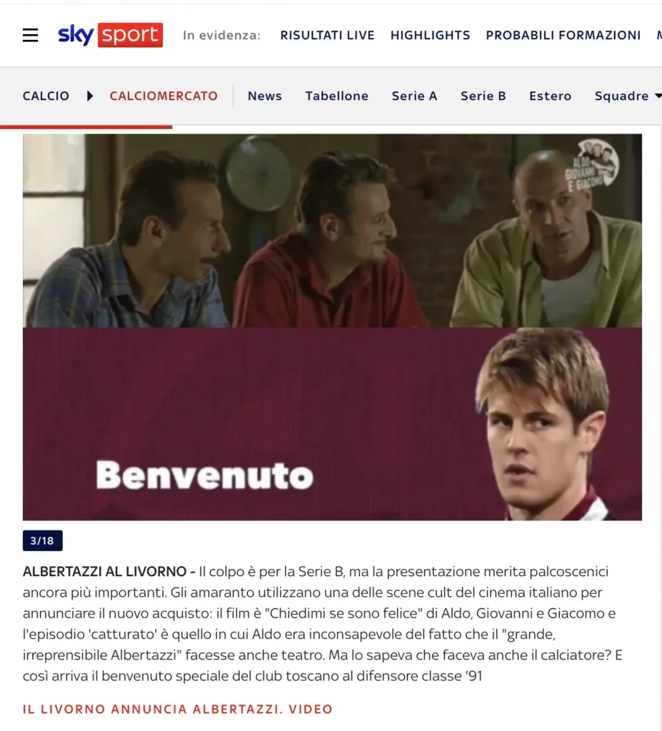 Articolo di Sky Sport su Albertazzi presentato al Livorno