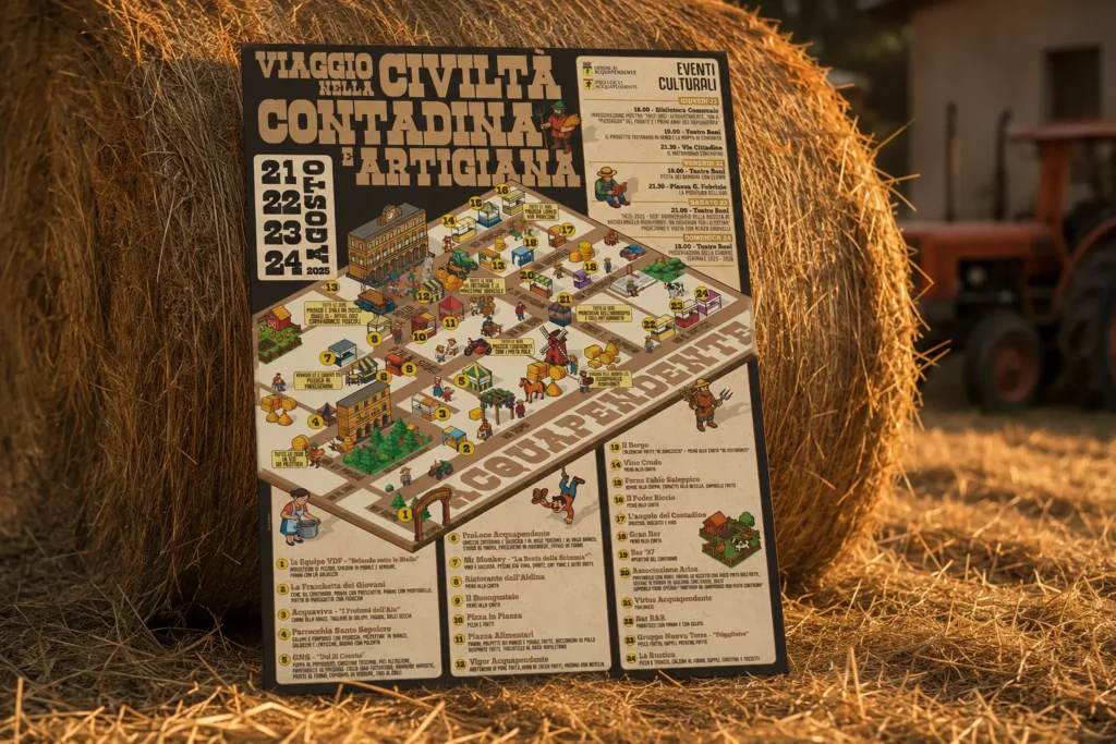 Locandina Viaggio nella Civiltà Contadina e Artigiana 2025: mappa illustrata del centro di Acquapendente con gli stand numerati e la legenda