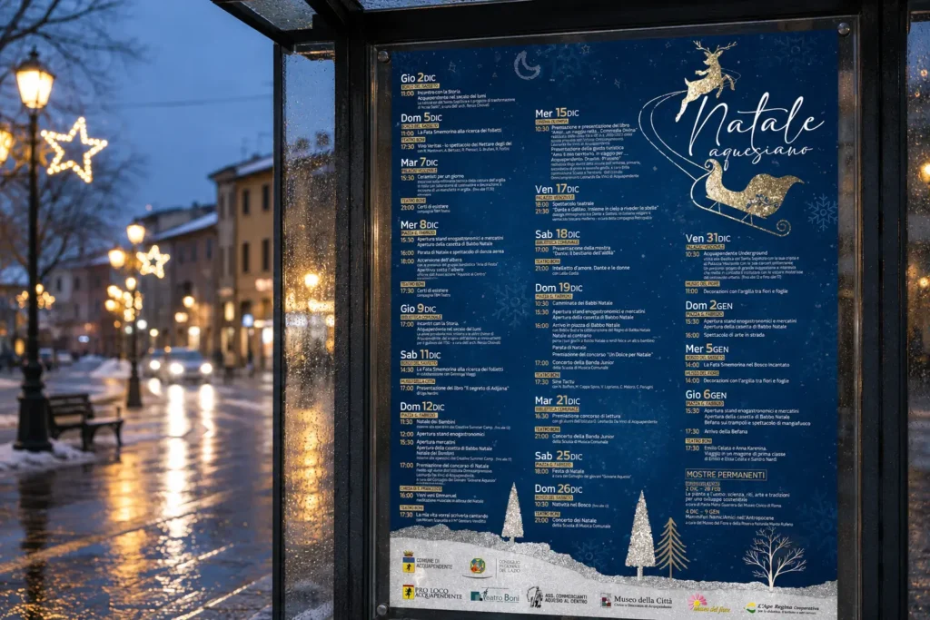 Manifesto Natale ad Acquapendente a due soli colori, blu notte e oro, con il programma organizzato in fasce
