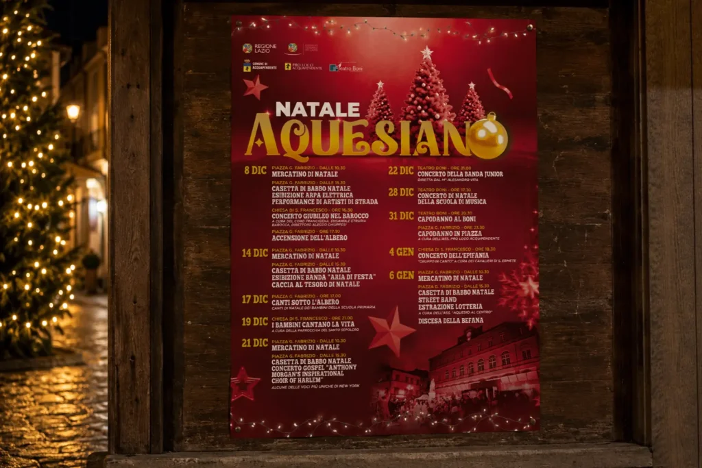 Manifesto Natale Aquesiano con il programma su due colonne: date grandi in oro e testi piccoli in maiuscolo