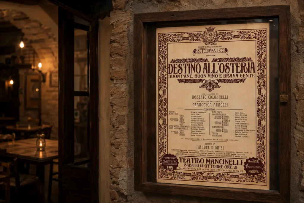 Locandina Destino all'Osteria della compagnia Retropalco, composta come un manifesto teatrale dell'Ottocento con caratteri d'epoca