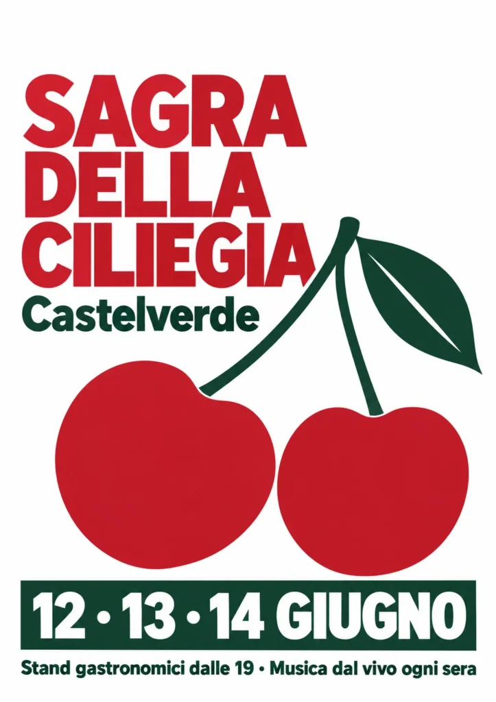 Locandina generata con l'AI da un prompt strutturato: due grandi ciliegie rosse su fondo bianco e data in una fascia verde