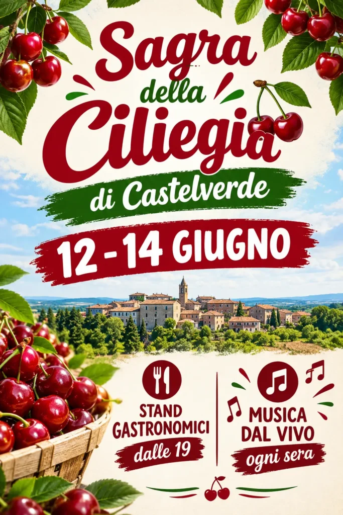 Locandina di una sagra generata con l'AI da un prompt generico: ciliegie fotografiche, titolo in corsivo, borgo sullo sfondo