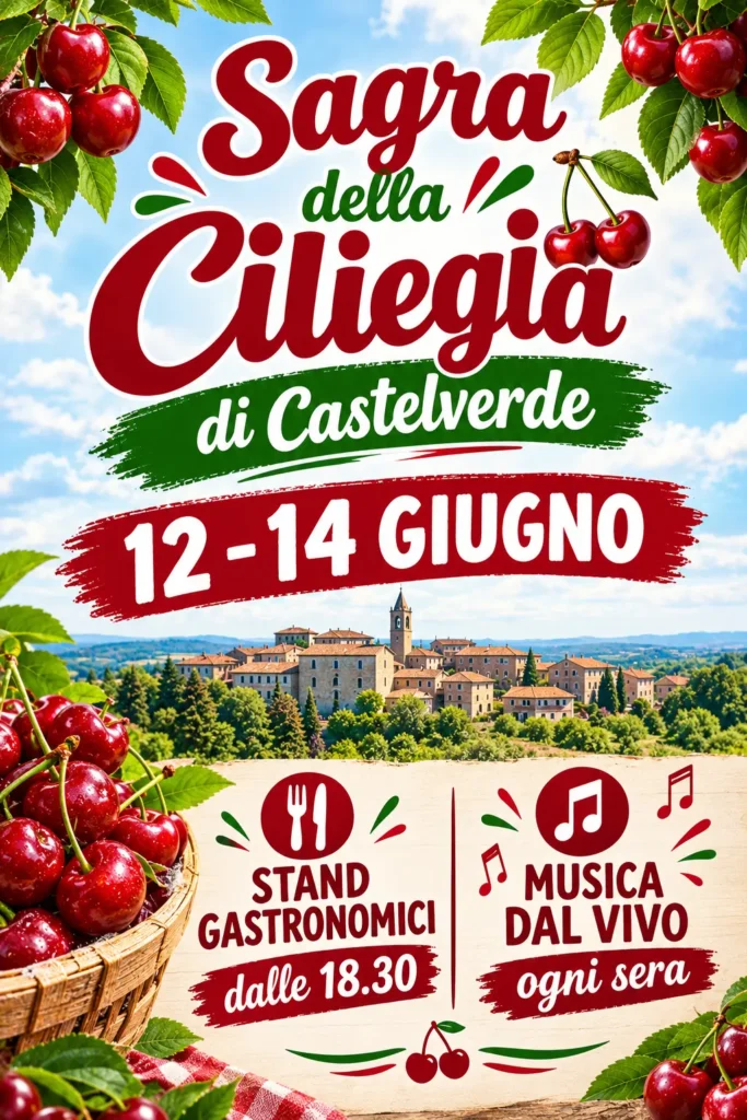 Locandina di una sagra generata con l'AI da un prompt generico: ciliegie fotografiche, titolo in corsivo, borgo sullo sfondo