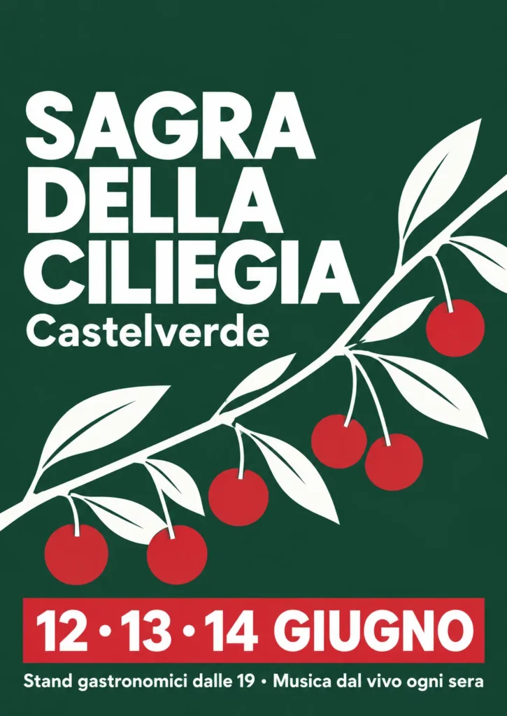 Locandina generata con l'AI da un prompt strutturato: fondo verde scuro, ramo di ciliegie stilizzato e data in una fascia rossa
