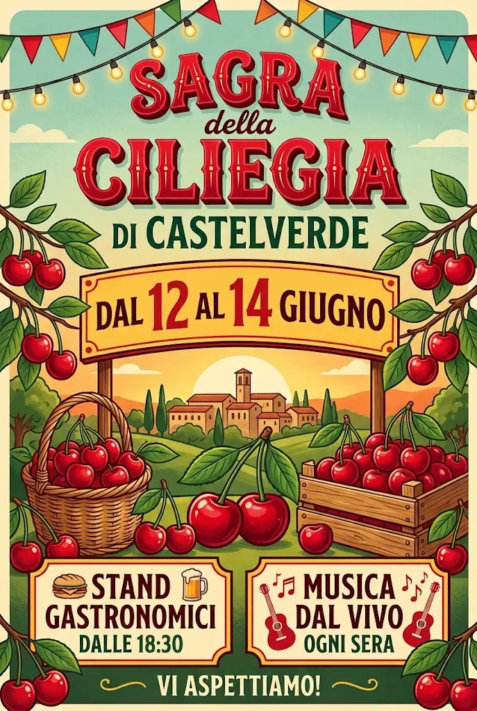 Locandina di una sagra generata con l'AI da un prompt generico: ciliegie fotografiche, titolo in corsivo, borgo sullo sfondo