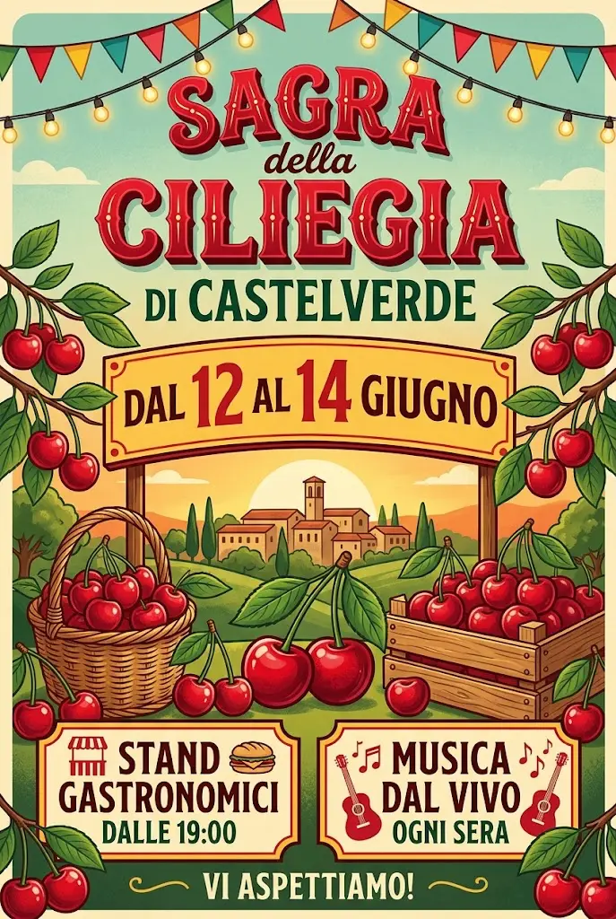 Seconda locandina generata con l'AI dallo stesso prompt generico: stile cartone d'epoca con festoni, tramonto e la scritta Vi aspettiamo